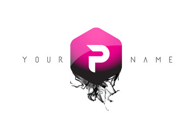 Purple Glossy Shape P Letter Logo Design with Black Ink Spill