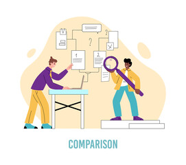 Comparison stage of benchmarking process, flat vector illustration isolated.