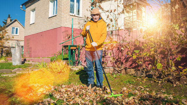 Older Farmer Wearing Yellow Hoodie And Hat Sweeping Fallen Leaves With Rake At Courtyard In Autumn Season