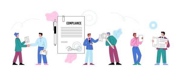 Fototapeta na wymiar Compliance and corporate policy requirements banner, flat vector illustration.