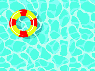 Floating ring, inflatable toy for summer holidays. Summer blue swiming pool top view. Swim ring on water sea, ocean surface background vector illustration. 