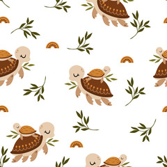 seamless pattern with turtle and leaf