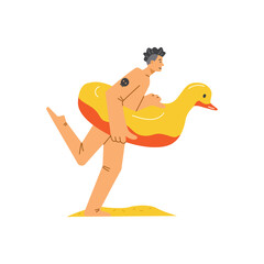 Man with funny lifebuoy runs to swim, flat vector illustration isolated on white.