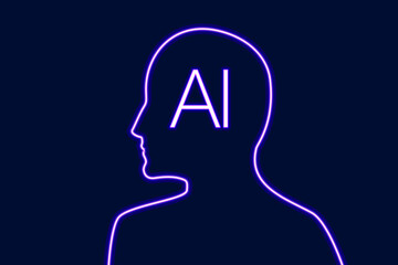 Artificial intelligence illustration. Neon  silhouette of human with the AI, Artificial Intelligence text written on it. Colored background.