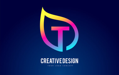 Colorful T Leaf Logo Letter Design with Vibrant Leaf Outline