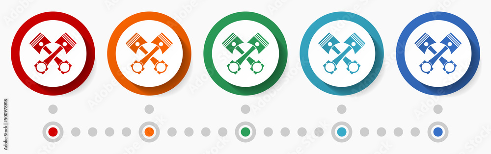 Poster pistons, auto repair concept vector icon set, infographic template, flat design circle colorful web 