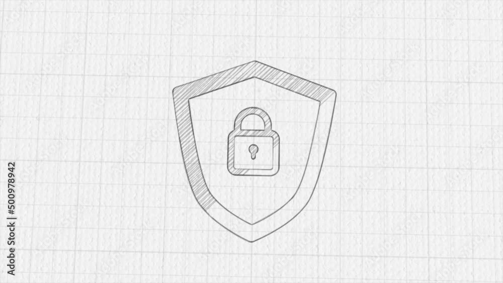 Poster Shield security with lock icon with color drawing effect. Doodle animation. 4K