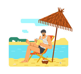 Man relaxing on the seashore sitting in sun lounger, flat vector isolated.