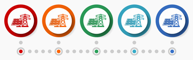 Solar energy concept vector icon set, infographic template, flat design circle colorful web buttons in 5 color options