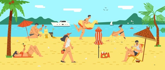 Landscape with beach holiday. People rest on beach, on seashore, vector flat illustration.