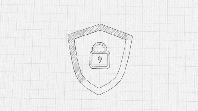Shield security with lock icon with color drawing effect. Doodle animation. 4K