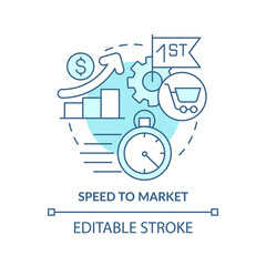 Speed to market turquoise concept icon. Innovative culture abstract idea thin line illustration. New product launch. Isolated outline drawing. Editable stroke. Arial, Myriad Pro-Bold fonts used