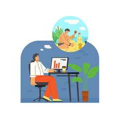 Office worker or businessman dreams about sea vacation, flat vector isolated.