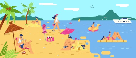 Man and woman characters resting on beach flat style, vector illustration