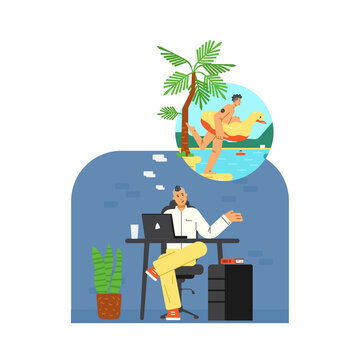 Man at work, dreaming about rest, relax on beach, vector flat illustration on white background.