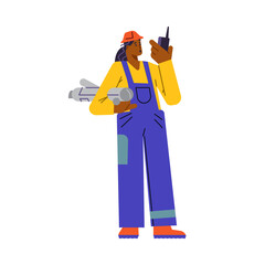 Surveyor woman character with blueprints and walkie talkie flat style