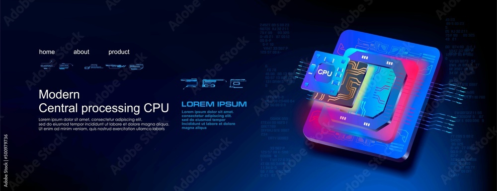 Poster modern cpu processor. quantum microchip. computer processor. futuristic microprocessor with hud alem