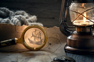 Columbus day. The concept of adventure and treasure hunting. an old map of pirate treasures, an old...