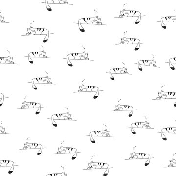 Seamless Pattern With Cute Sleep Cats, Lovely Kitten 