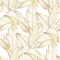 Golden floral pattern with Tropical bananas leaves. Tropical leaves in retro style.