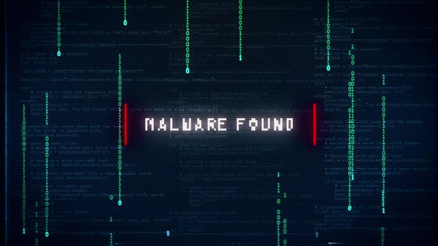 malware found warning glitch text message and noise background with computer binary code