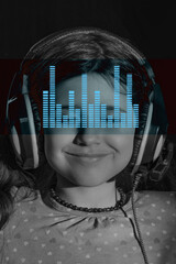 Black-white portrait of a child in headphones close-up, blue equalizer and music notes. Poster