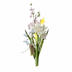 Purple spring fritillary flowers bouquet with garden herbs, sakura branch, daffodils on white background. Isolated elements for your design.
