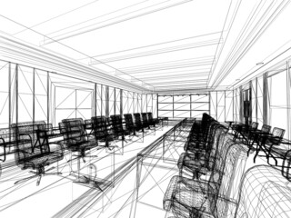 sketch design of interior conference room, 3d rendering wire frame