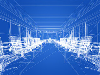 sketch design of interior conference room, 3d rendering wire frame