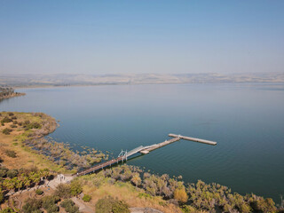 Aerial view of Metal pier over the sea of Galilee, Capernaum  “the town of Jesus.”, Northern...