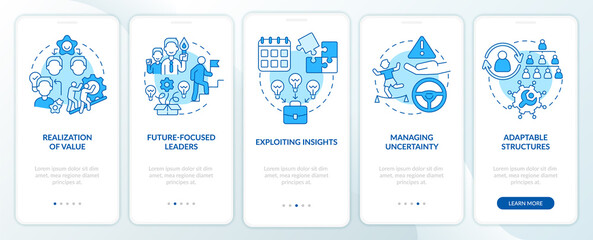 Fototapeta na wymiar Principles for managing innovation blue onboarding mobile app screen. Walkthrough 5 steps graphic instructions pages with linear concepts. UI, UX, GUI template. Myriad Pro-Bold, Regular fonts used