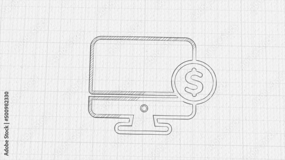 Aufkleber computer monitor with dollar icon with color drawing effect. doodle animation. 4k