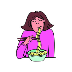Obraz premium Eating noodles character illustration in cartoon style. Young girl eats noodles.
