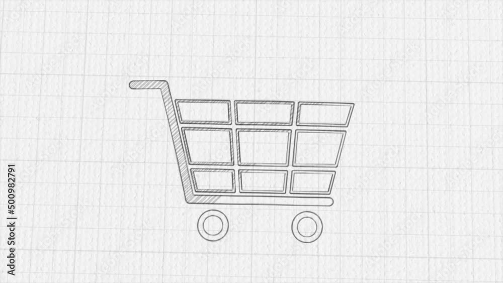 Poster shopping cart icon with color drawing effect. doodle animation. 4k