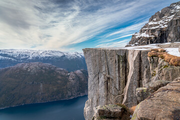 Preikestolen or Prekestolen, a 604 m high cliff in Norway, located by the Lysefjord.