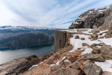 Preikestolen or Prekestolen, a 604 m high cliff in Norway, located by the Lysefjord.