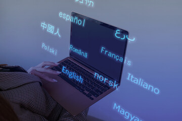 Polyglot woman learning languages online using laptop, futurism, double exposure
