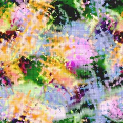 Messy summer tie dye batik beach wear pattern. Seamless colorful stain space dyed effect fashion. Washed out soft furnishing background. 