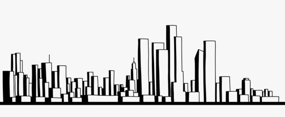 Fototapeta premium Modern cityscape skyline outline doodle drawing on white background.