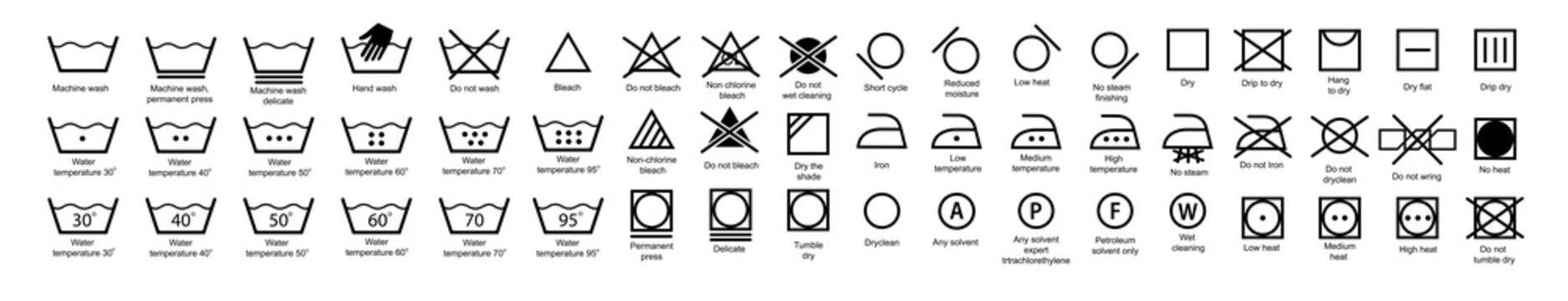 Laundry icons. Garment care instructions on labels, machine wash or hand wash signs. Collection of symbols of water temperature, ironing and drying, types of textiles and fabrics.Vector