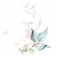 Watercolor painted floral bouquet. Arrangement with airy eucalyptus, branches, leaves, pink gold dust graphic elements.