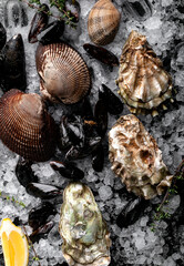 Raw Clams vongole shells, mussels, oysters and lemon with ice on black slate. Fresh shellfish for cooking with seasonings on the table, close up