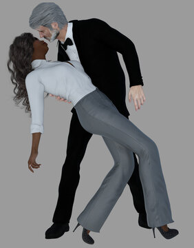 Full Body Portrait Of Livvie, A Young Beautiful Woman Dancing With A Handsome Older Man On An Isolated Background. Livvie Is A 3D Illustration Computer Model Render. 