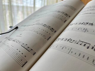 closeup sheet music on music stand by the window