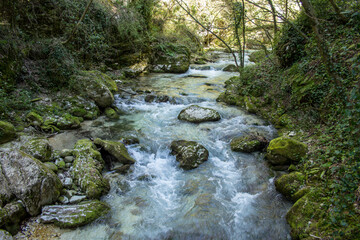Stream of pure water in the Scalelle trail at caramanico terme Abruzzo Italy. Vacation and hike in nature
