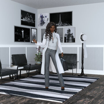 Full scene of Livvie, a young beautiful woman standing in a monochromatic office lobby carrying a briefcase. Livvie is a 3D illustration computer model render. 