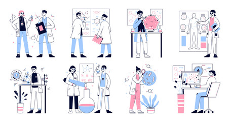 Biology science laboratory, medical development, biotechnology lab sciences. Scientist researching work, chemical scientific experiment vector symbols illustration set. Science lab scenes