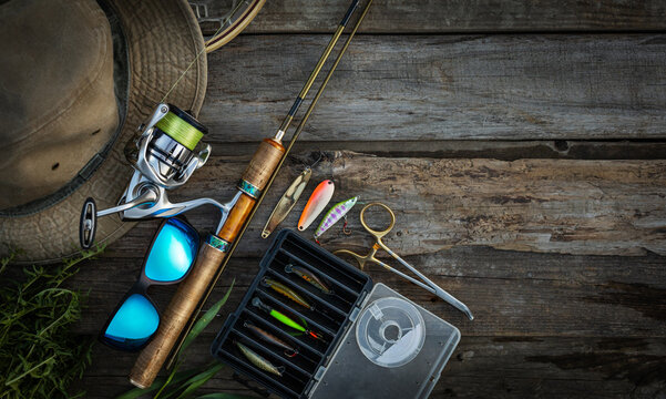 Fishing tackle background. Trout stream fishing.