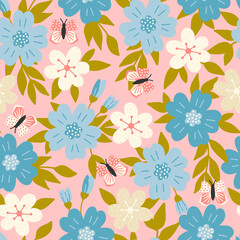 Fototapeta na wymiar Flowers and butterflies seamless pattern