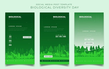 Set of portrait social media post template with green landscape background for biodiversity day
